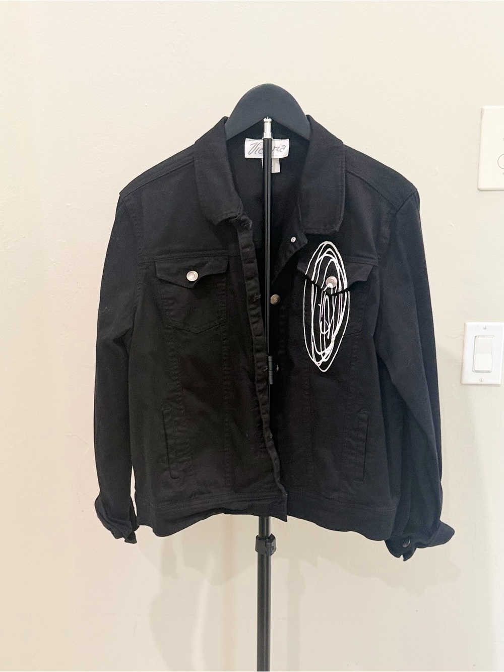 Vintage 90s Victoria Black Denim Abstract Graphic Jacket Made in USA Art to Wear